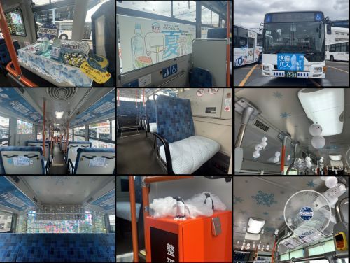 車内は冬の世界。 ペンギン、ホッキョクグマも。シートまで冷感素材。 降車ボタンを押すと、氷の音？？？ インターンシップの学生さんのアイデア満載です。 さらに必見！ 岡南営業所バス停もCOOLな演出