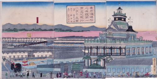 「東京海運橋三ッ井組第一国立之銀行ハウス之図」（バナー展示）歌川芳虎／画　明治時代前期