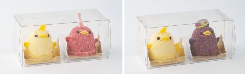 「ぴよりんおでかけセット〈神戸ポートタワーコラボ〉」（左の2ぴよ）、「ぴよりんおでかけセット〈阪急電車コラボ〉」（右の2ぴよ）